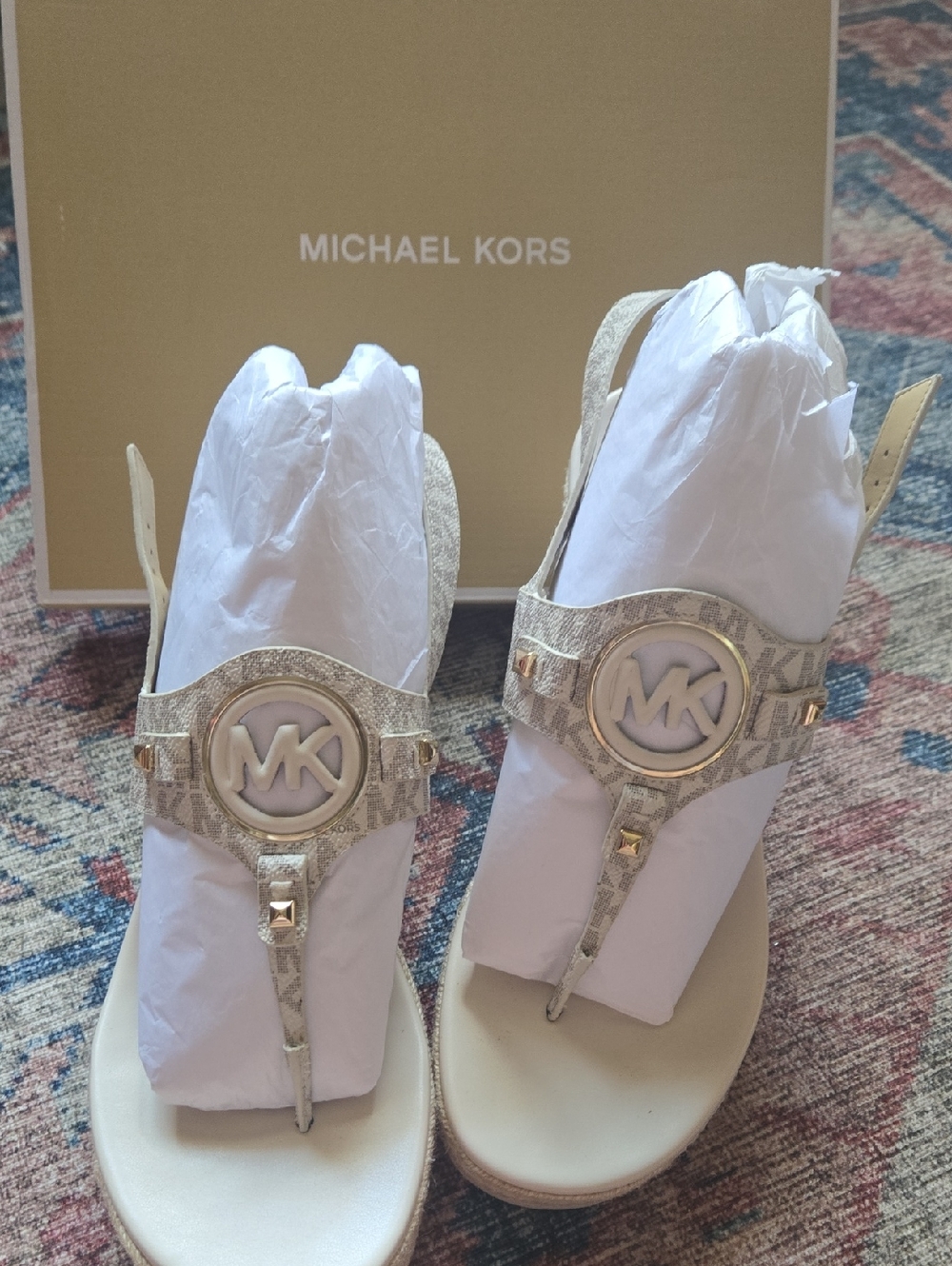 Michael Kors Cream and Gold MK Logo Thong Sandals With Box And Packing.